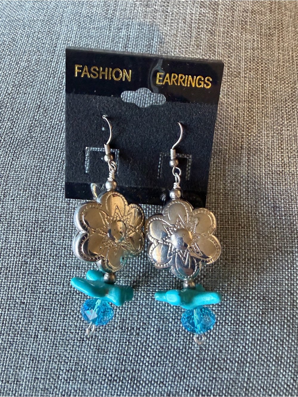 Silver Flower with Turquoise Stone and Crystal Blue Beads